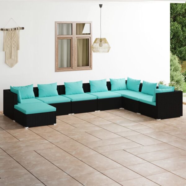 8-delige Loungeset met kussens poly rattan zwart
