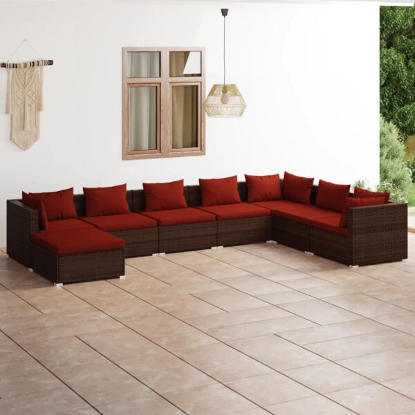 8-delige Loungeset met kussens poly rattan bruin