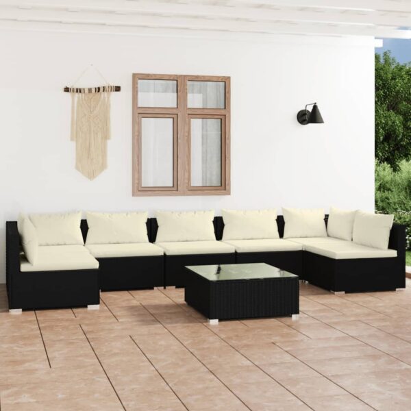 8-delige Loungeset met kussens poly rattan zwart