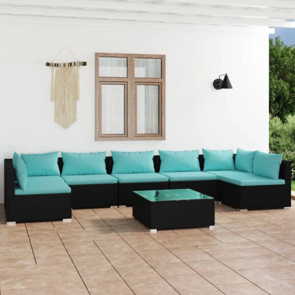 8-delige Loungeset met kussens poly rattan zwart