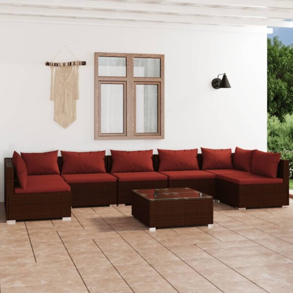 8-delige Loungeset met kussens poly rattan bruin