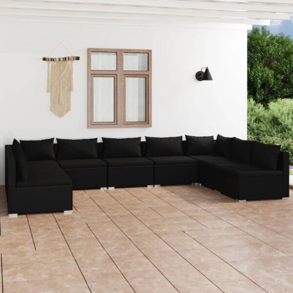 9-delige Loungeset met kussens poly rattan zwart
