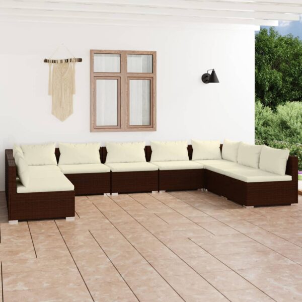 9-delige Loungeset met kussens poly rattan bruin