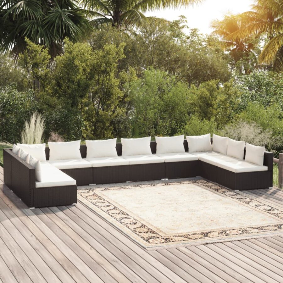 10-delige Loungeset met kussens poly rattan zwart