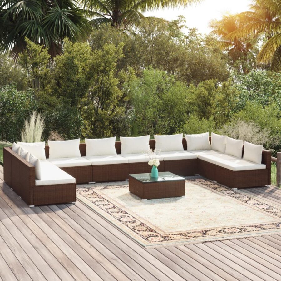 11-delige Loungeset met kussens poly rattan bruin