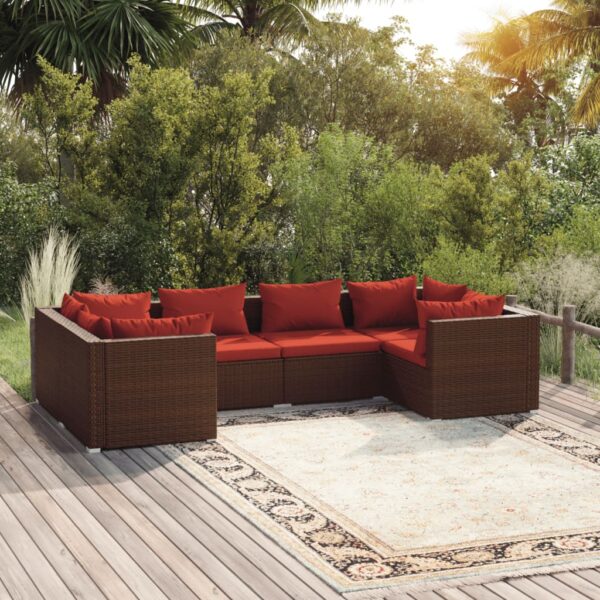 6-delige Loungeset met kussens poly rattan bruin