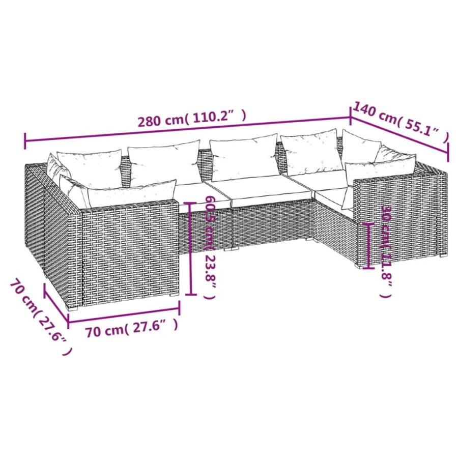 6-delige Loungeset met kussens poly rattan grijs - Afbeelding 7