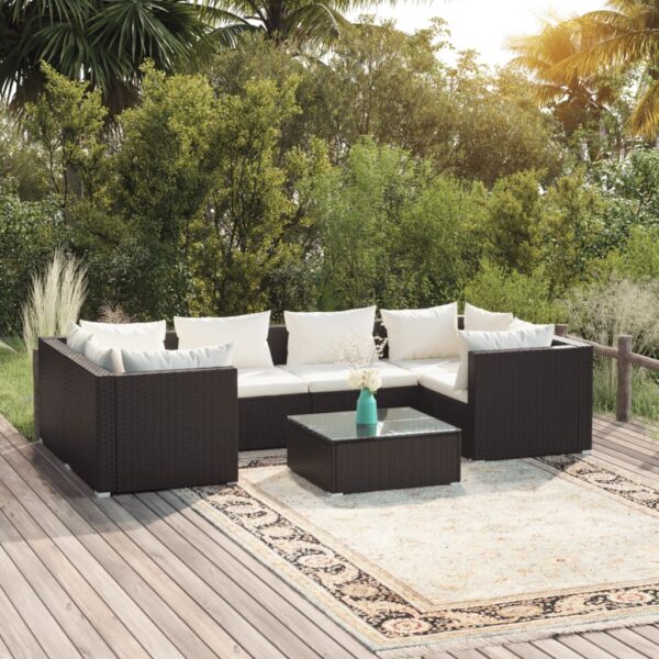 7-delige Loungeset met kussens poly rattan zwart