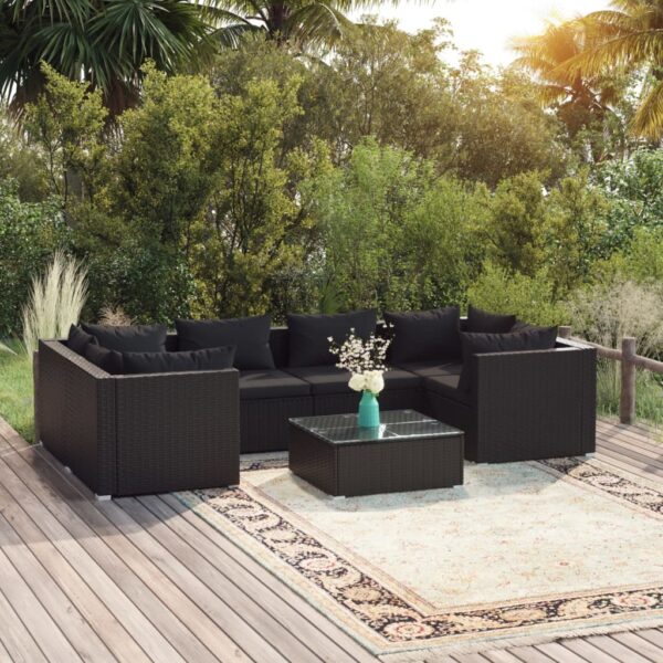 7-delige Loungeset met kussens poly rattan zwart