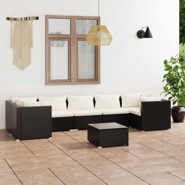 8-delige Loungeset met kussens poly rattan zwart