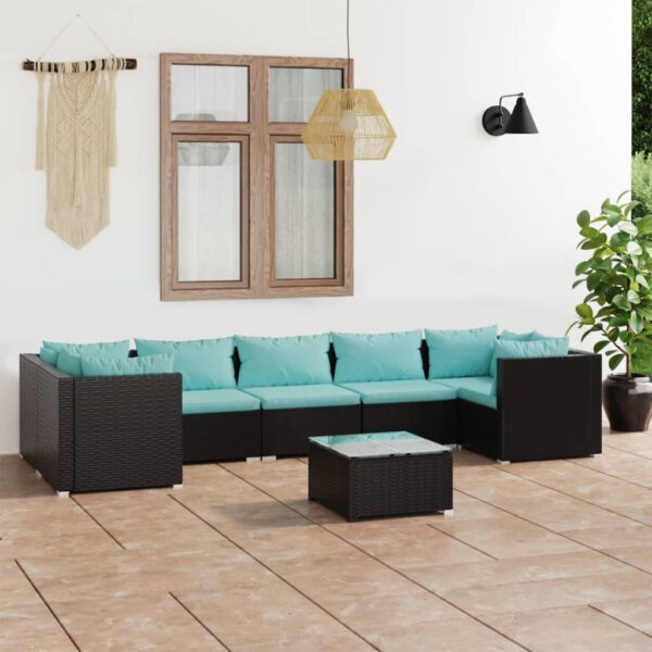8-delige Loungeset met kussens poly rattan zwart