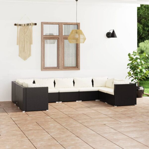9-delige Loungeset met kussens poly rattan zwart