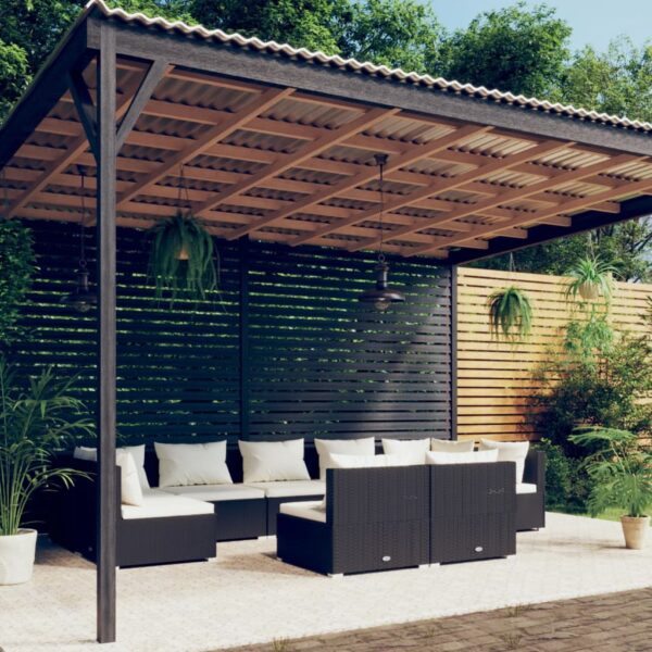 9-delige Loungeset met kussens poly rattan zwart