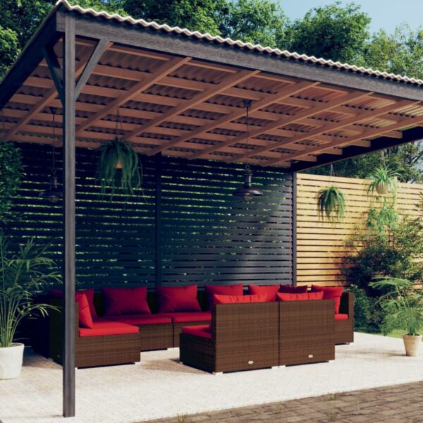 9-delige Loungeset met kussens poly rattan bruin