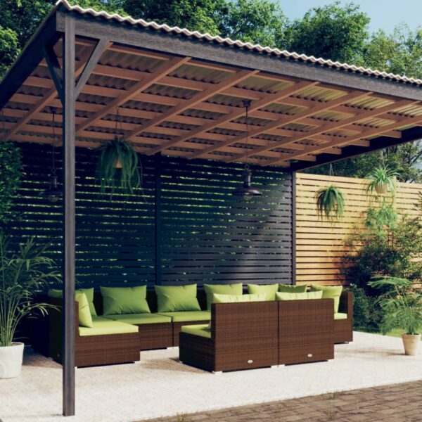 9-delige Loungeset met kussens poly rattan bruin