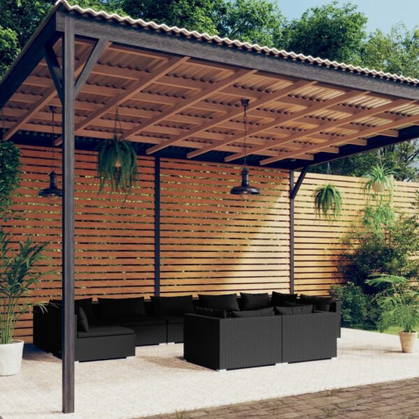 9-delige Loungeset met kussens poly rattan zwart
