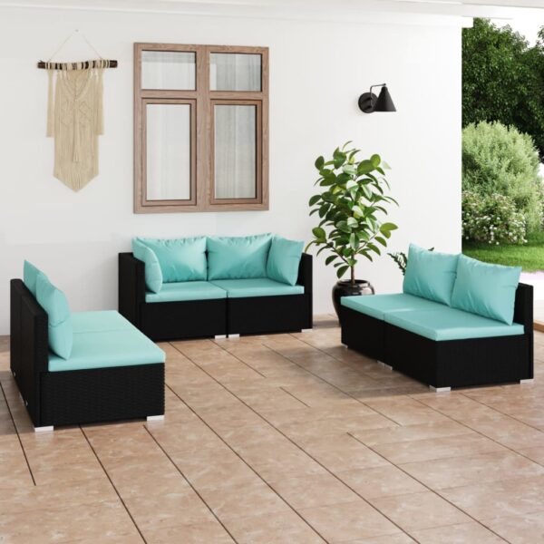 6-delige Loungeset met kussens poly rattan zwart