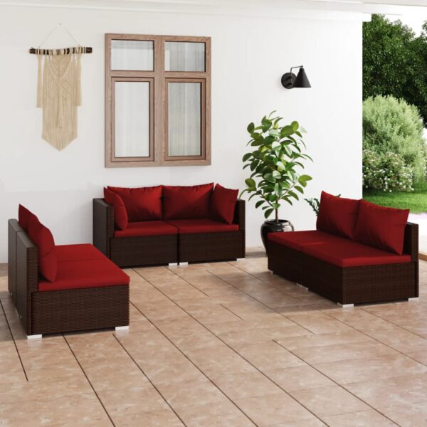 6-delige Loungeset met kussens poly rattan bruin