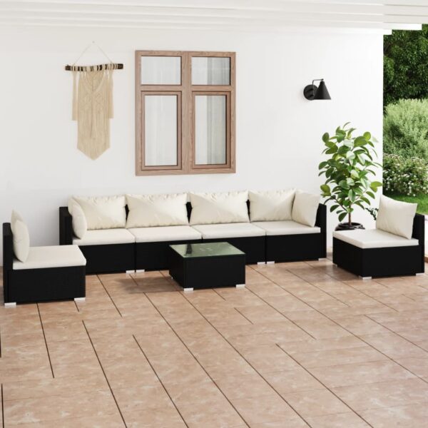 7-delige Loungeset met kussens poly rattan zwart