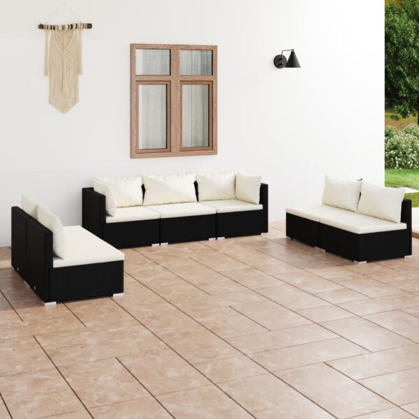 7-delige Loungeset met kussens poly rattan zwart