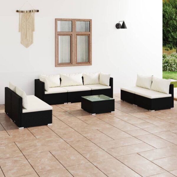 8-delige Loungeset met kussens poly rattan zwart