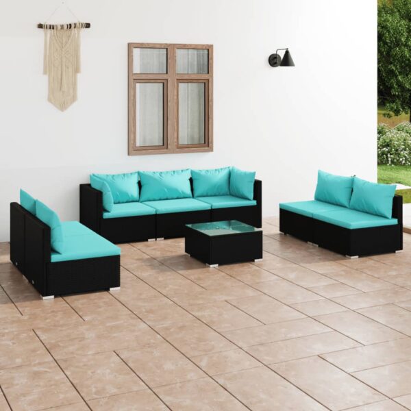 8-delige Loungeset met kussens poly rattan zwart