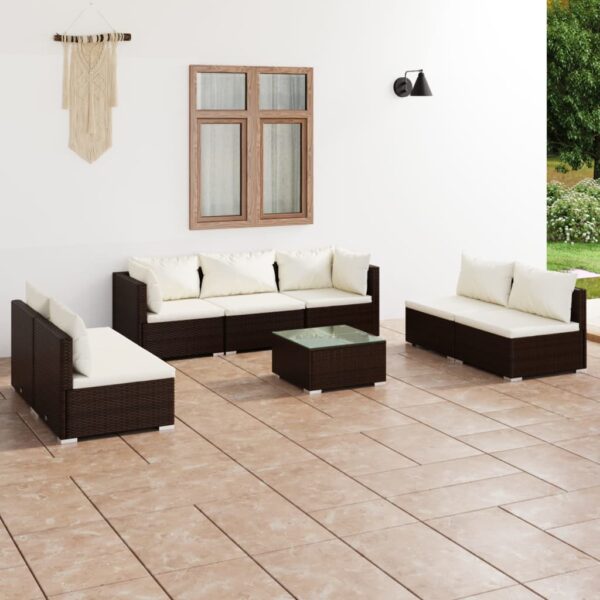 8-delige Loungeset met kussens poly rattan bruin