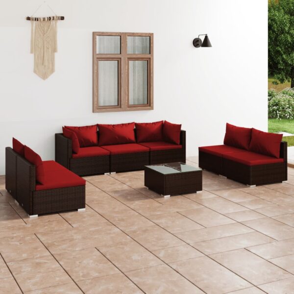 8-delige Loungeset met kussens poly rattan bruin