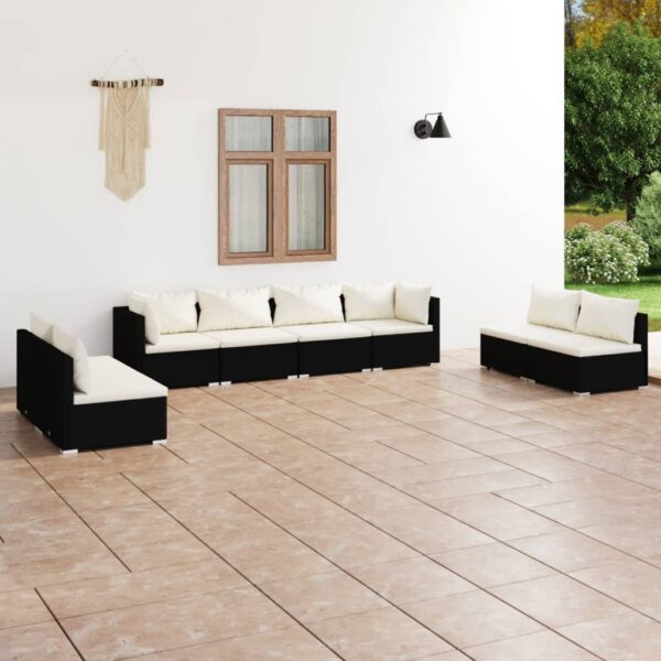8-delige Loungeset met kussens poly rattan zwart