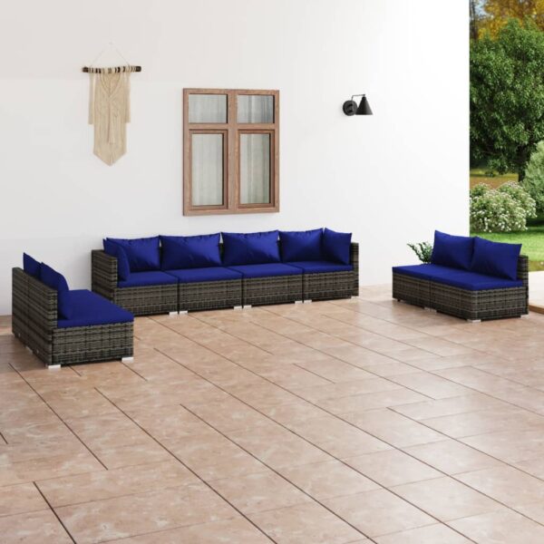 8-delige Loungeset met kussens poly rattan grijs