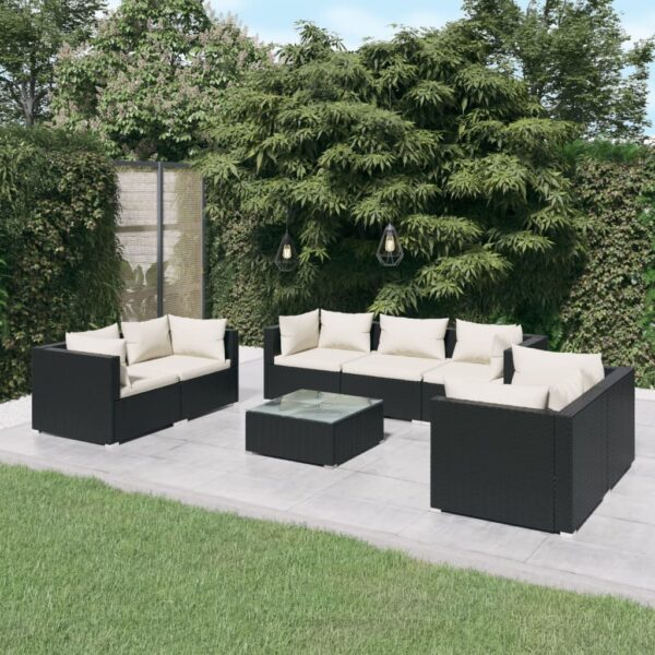 8-delige Loungeset met kussens poly rattan zwart