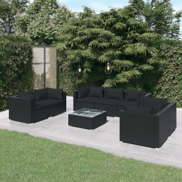8-delige Loungeset met kussens poly rattan zwart