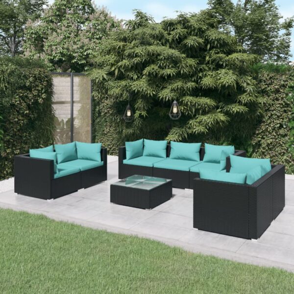 8-delige Loungeset met kussens poly rattan zwart