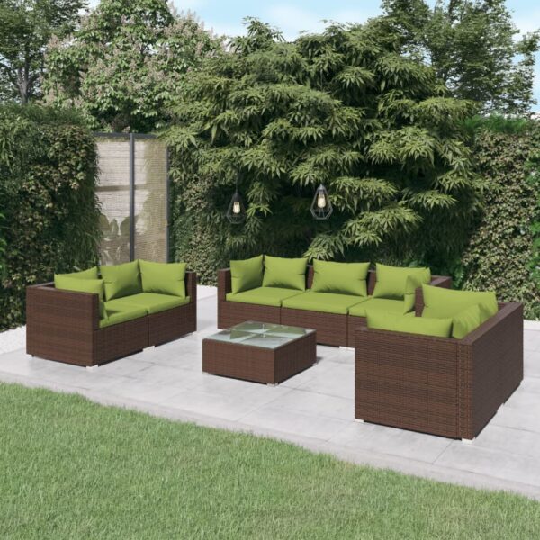 8-delige Loungeset met kussens poly rattan bruin