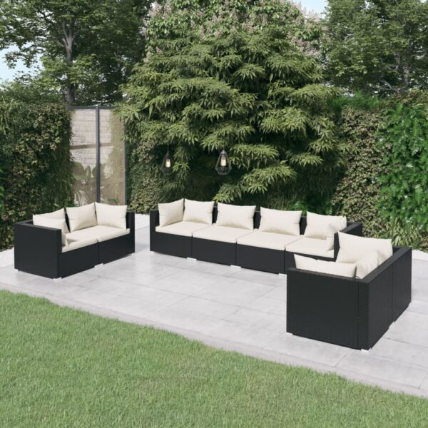 8-delige Loungeset met kussens poly rattan zwart