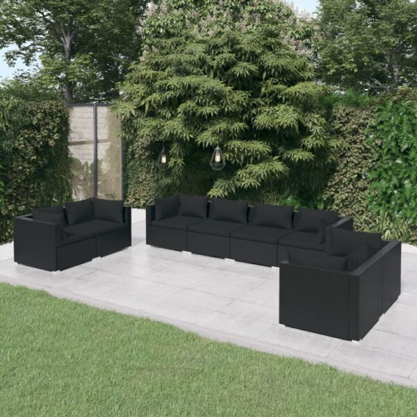 8-delige Loungeset met kussens poly rattan zwart
