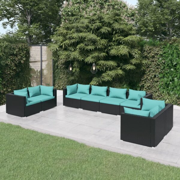8-delige Loungeset met kussens poly rattan zwart