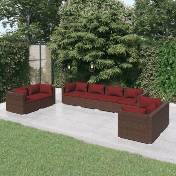 8-delige Loungeset met kussens poly rattan bruin