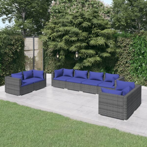 8-delige Loungeset met kussens poly rattan grijs
