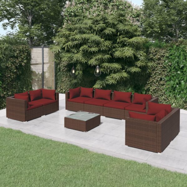 9-delige Loungeset met kussens poly rattan bruin