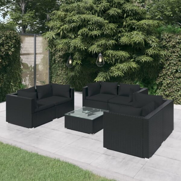 7-delige Loungeset met kussens poly rattan zwart