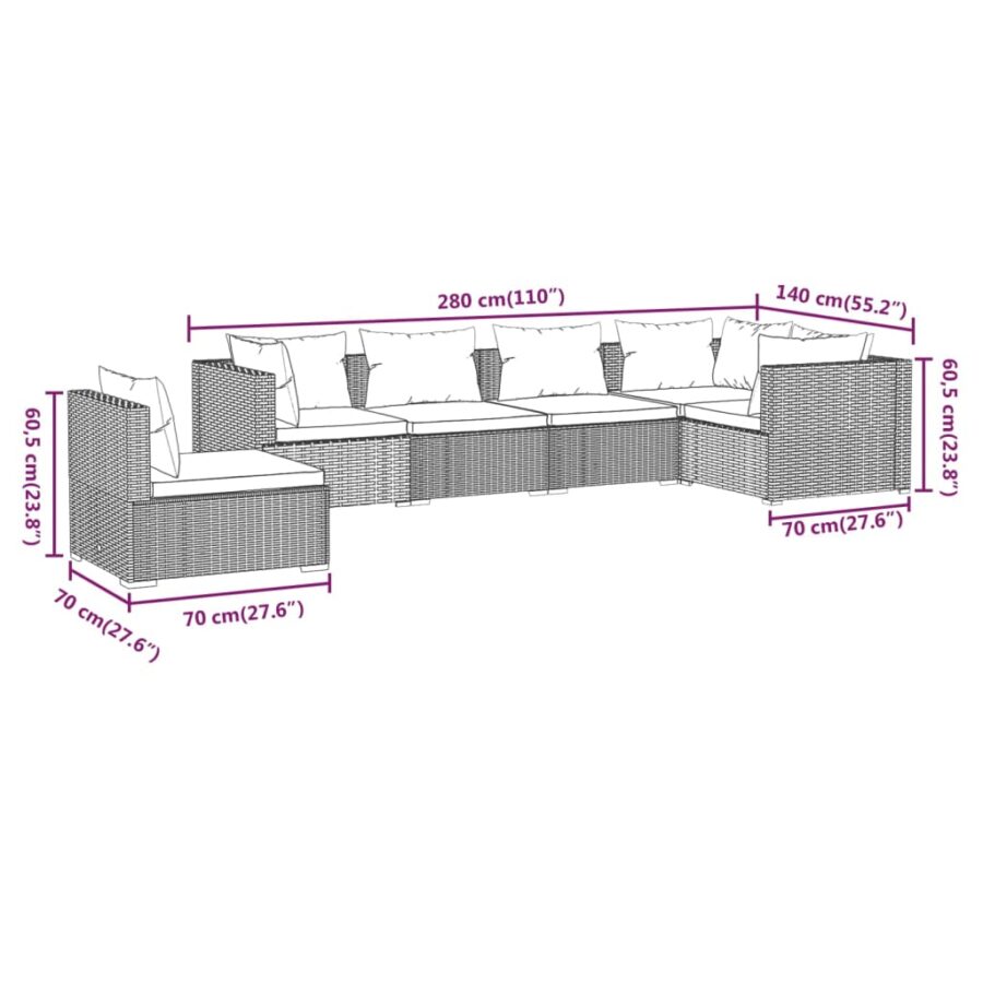 6-delige Loungeset met kussens poly rattan bruin - Afbeelding 7