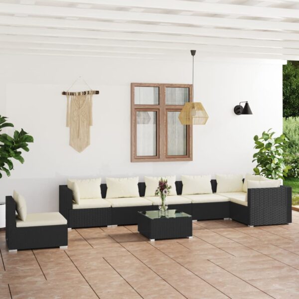 8-delige Loungeset met kussens poly rattan zwart