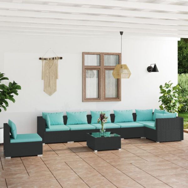 8-delige Loungeset met kussens poly rattan zwart