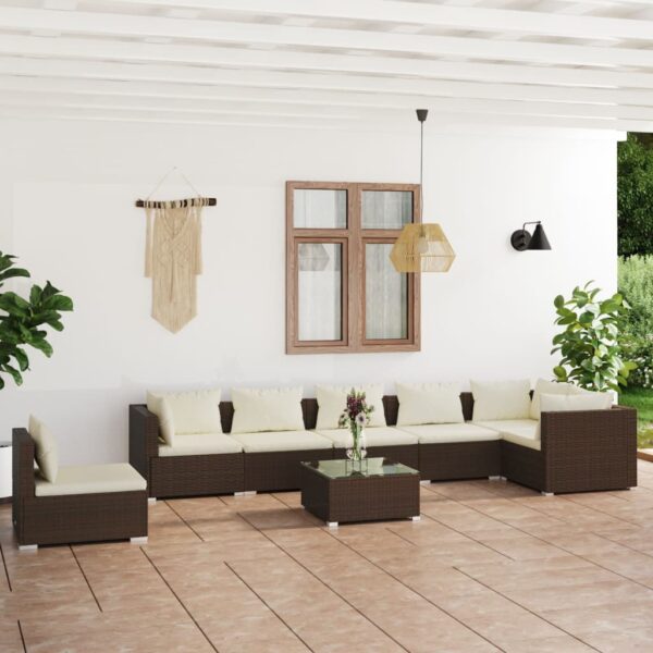 8-delige Loungeset met kussens poly rattan bruin