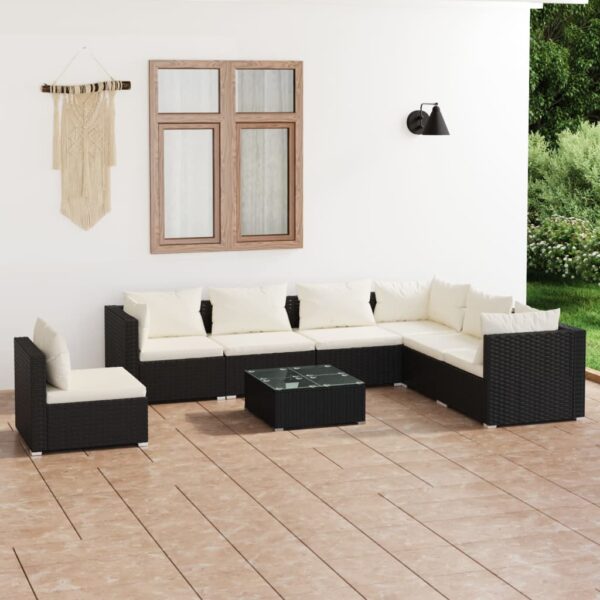 8-delige Loungeset met kussens poly rattan zwart