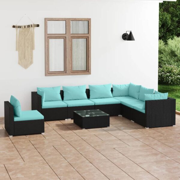 8-delige Loungeset met kussens poly rattan zwart