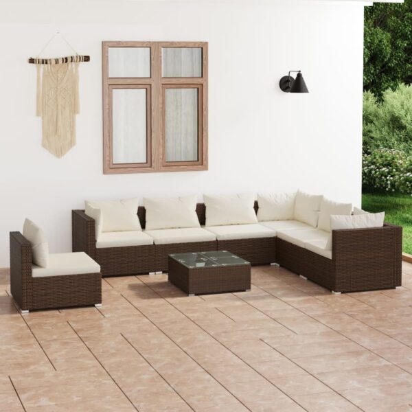8-delige Loungeset met kussens poly rattan bruin