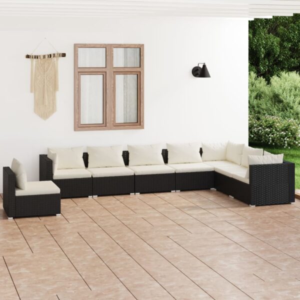 8-delige Loungeset met kussens poly rattan zwart