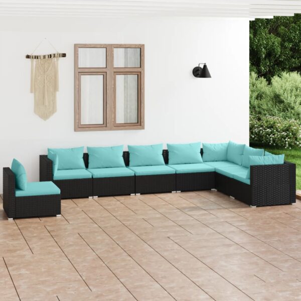8-delige Loungeset met kussens poly rattan zwart